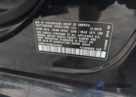 2017 Volkswagen Passat 1.8T R-Line z USA, uszkodzony, nr VIN 1VWDT7A39HC044693